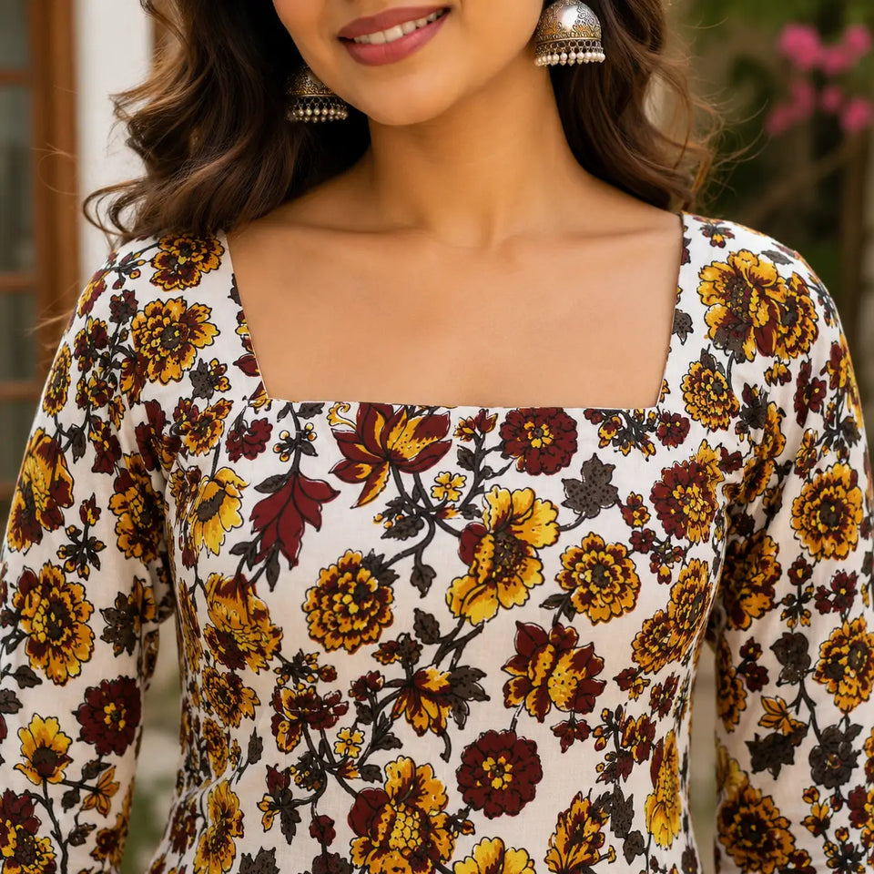 Square neck closeup of Rabric cotton short top with mustard yellow and maroon floral print on off white fabric, stylish casual women's top