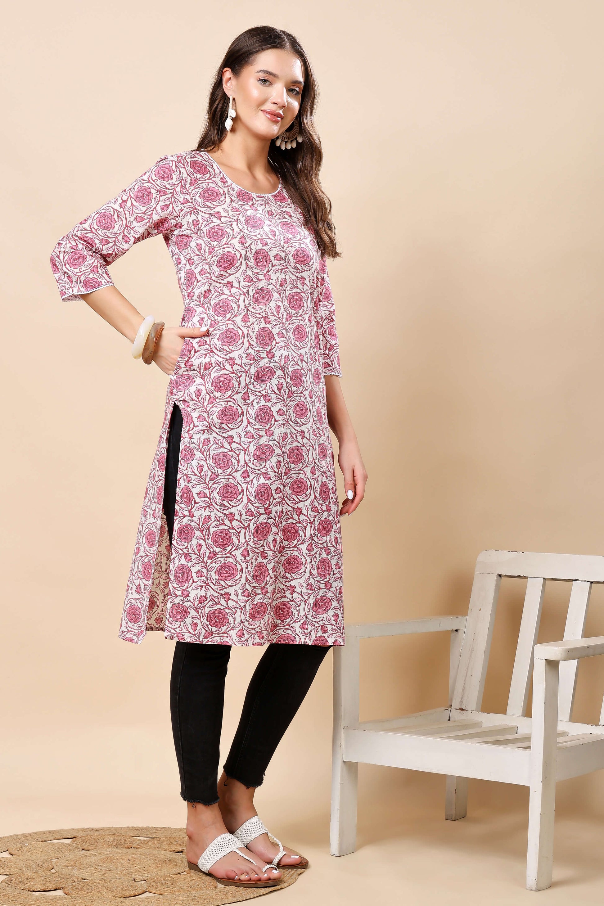 Side view of Rabric straight fit long cotton kurta for women