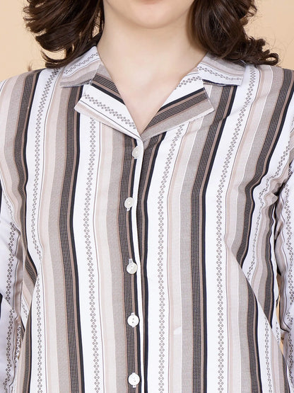 Close-up of beige striped Glace cotton fabric in Rabric co-ord set