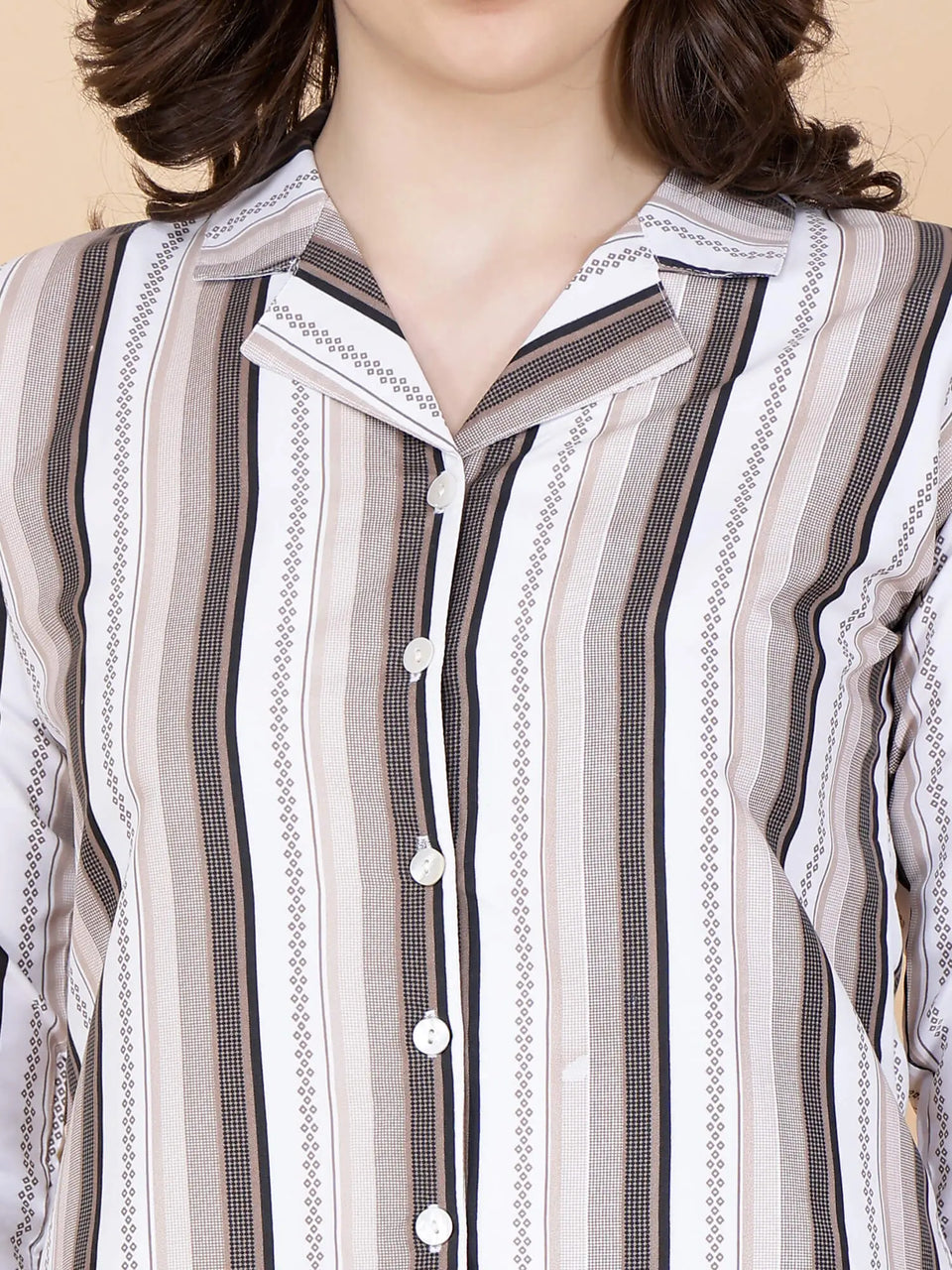 Close-up of beige striped Glace cotton fabric in Rabric co-ord set