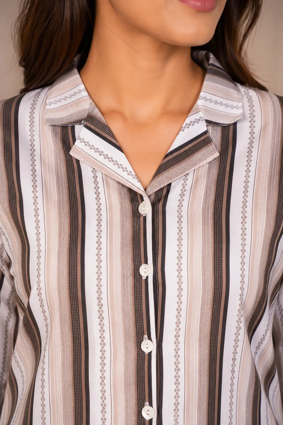 Closeup of collar neck design on Rabric women beige brown striped glace cotton night suit shirt with button detailing