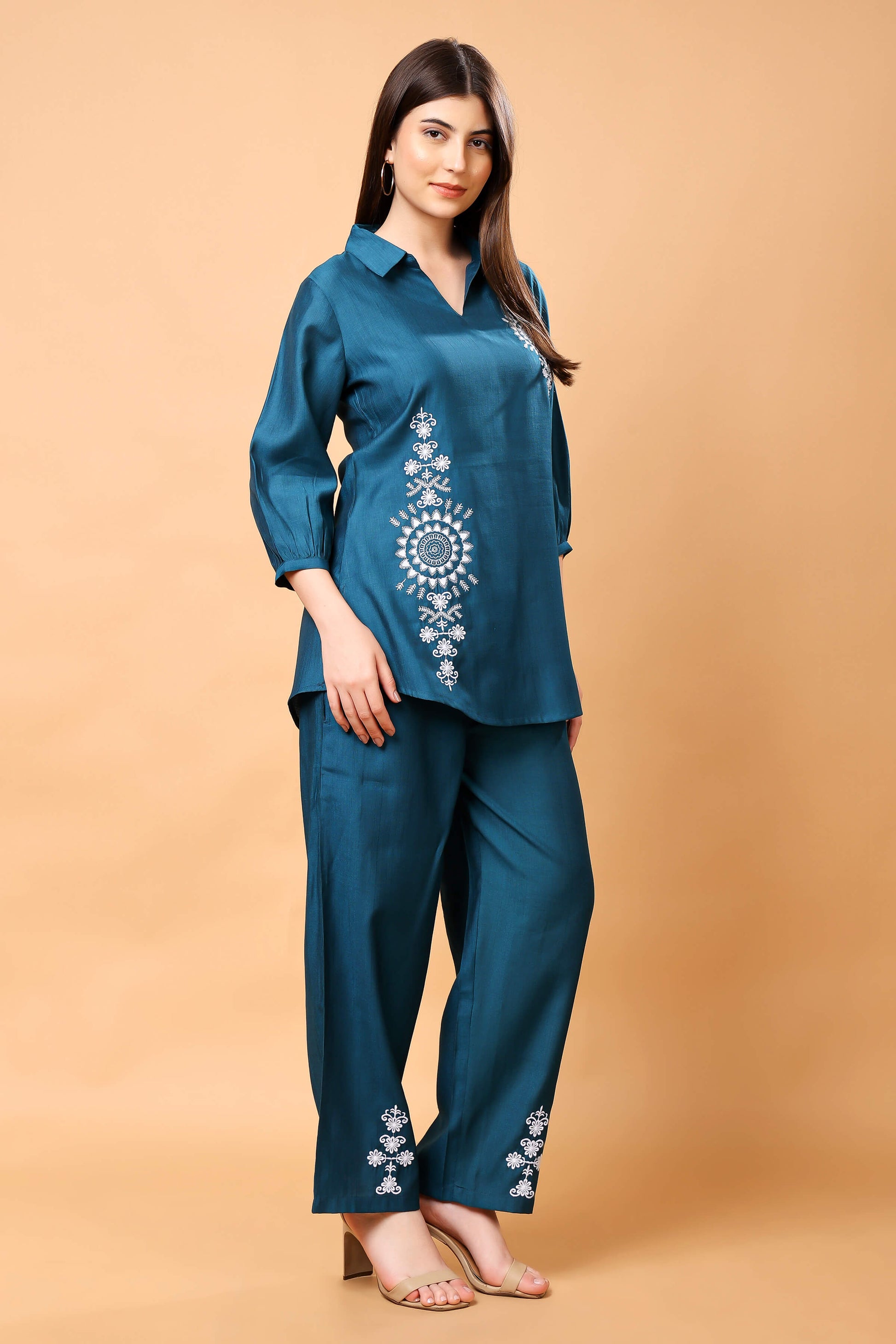Model Wearing Rabric Teal Blue Embroidered Co-ord Set