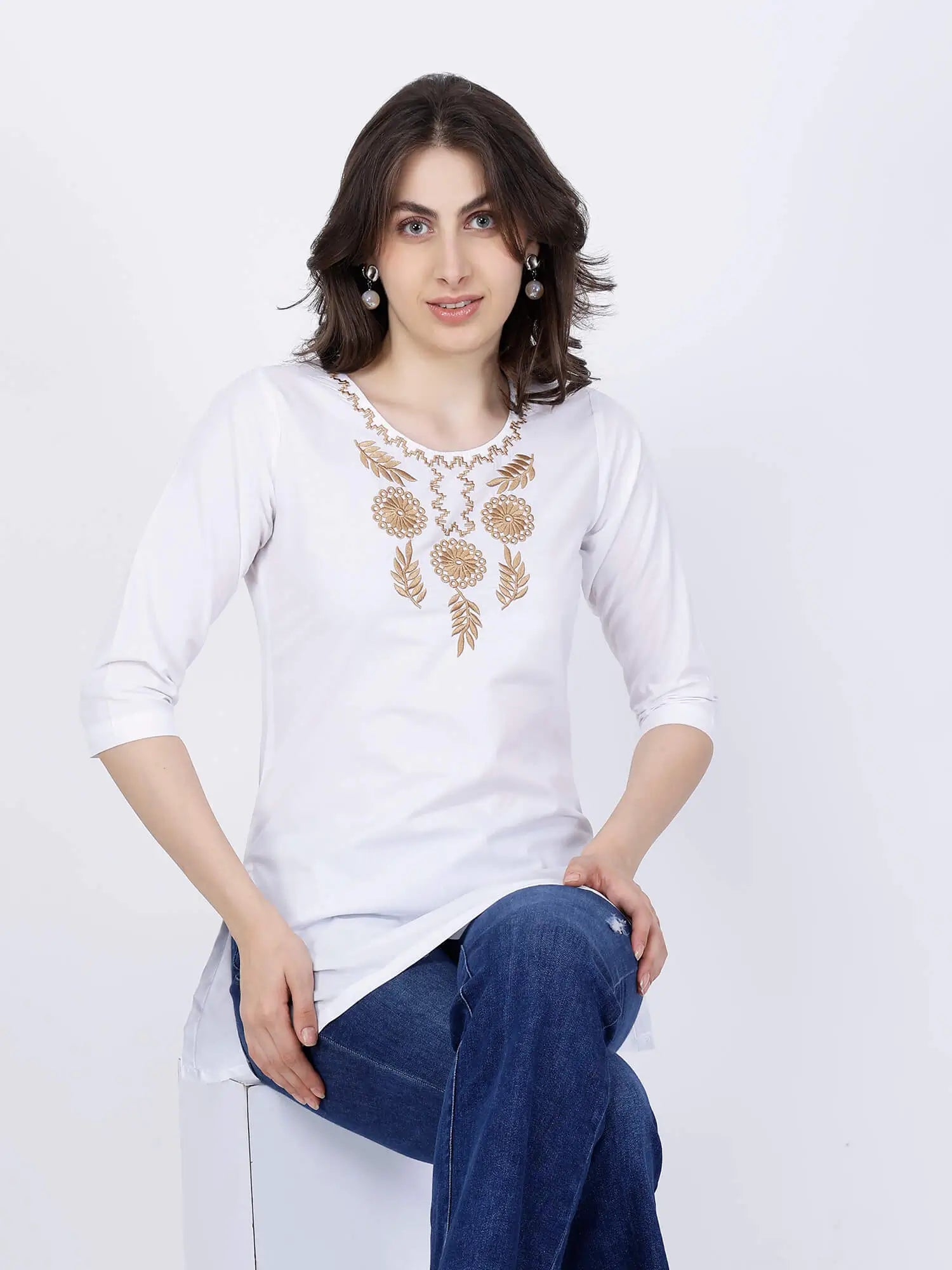 Rabric White Short Kurti Styled with Blue Jeans for Women