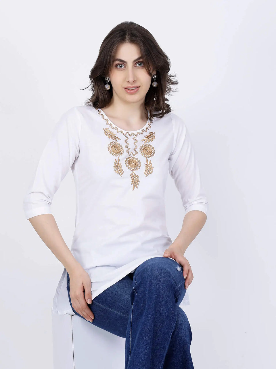 Rabric White Short Kurti Styled with Blue Jeans for Women