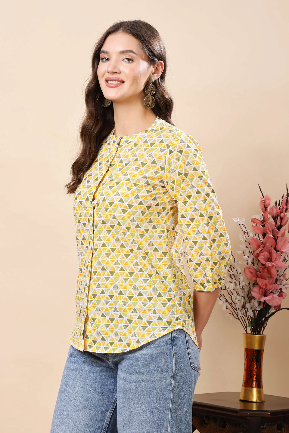 Rabric Yellow Green Triangle Print Short Top for Ladies
