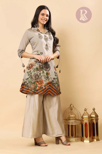 Pure Fabric Beige Kurti Sharara Outfit with Floral Print