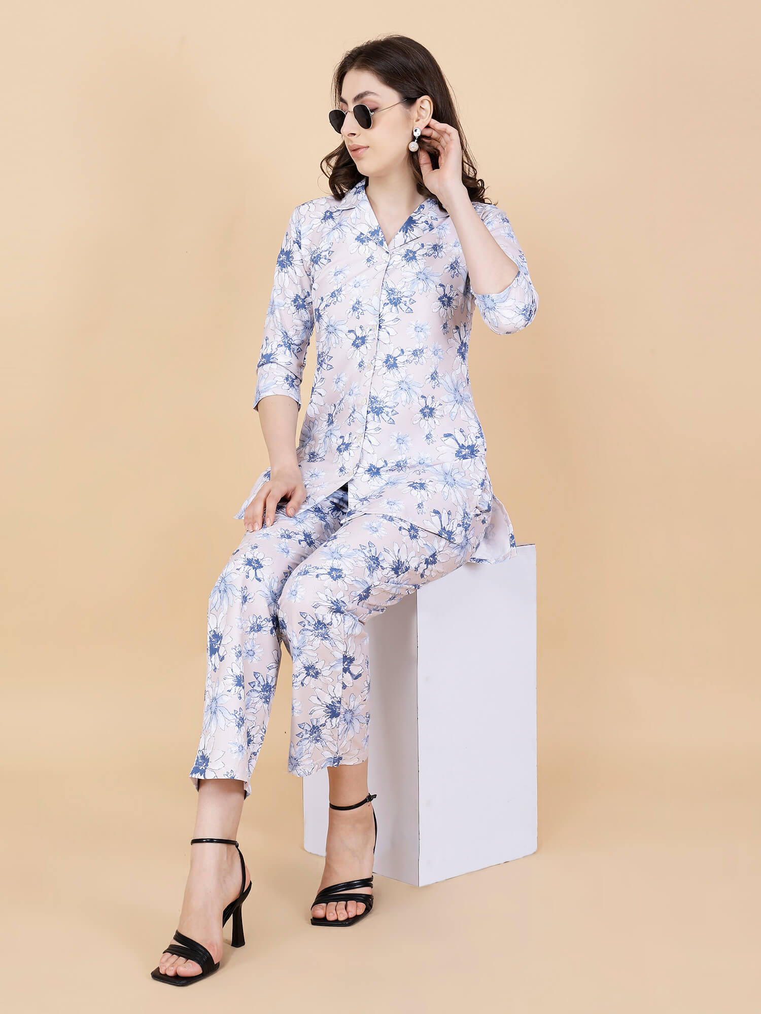 Elegant light pink floral co-ord set styled for casual wear