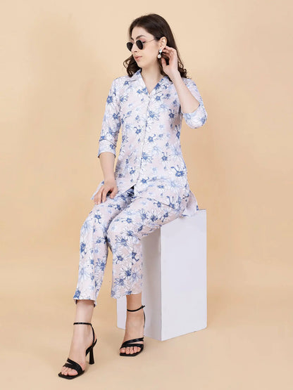 Elegant light pink floral co-ord set styled for casual wear