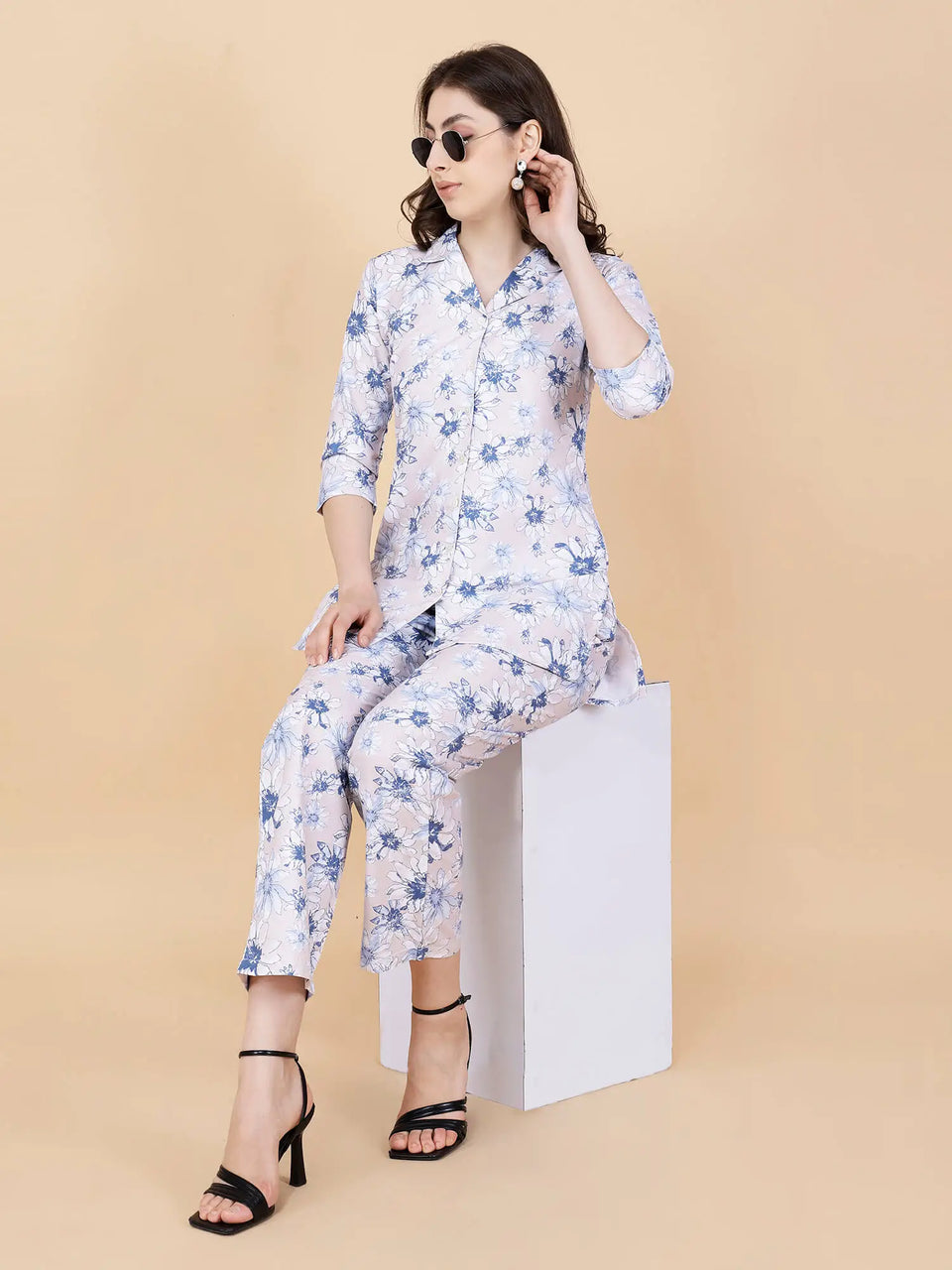 Elegant light pink floral co-ord set styled for casual wear