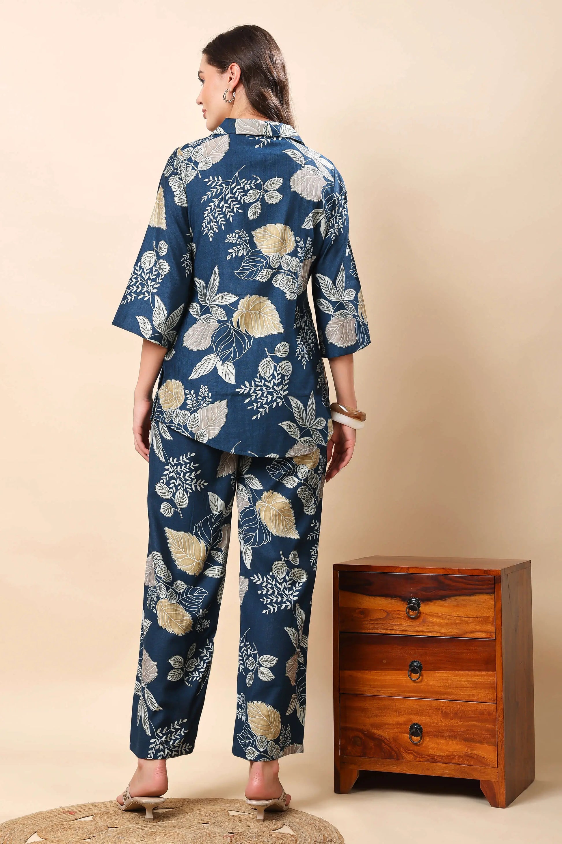 Back view of stylish Vertican silk floral co-ord set by Rabric