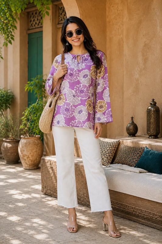 RABRIC stylish purple floral women’s top styled with sunglasses and handbag