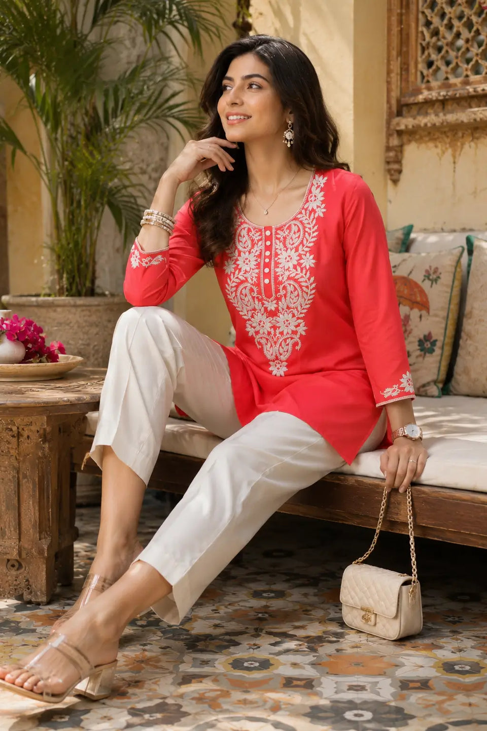 Stylish lifestyle image of woman wearing coral pink cotton embroidered short kurti with modern accessories