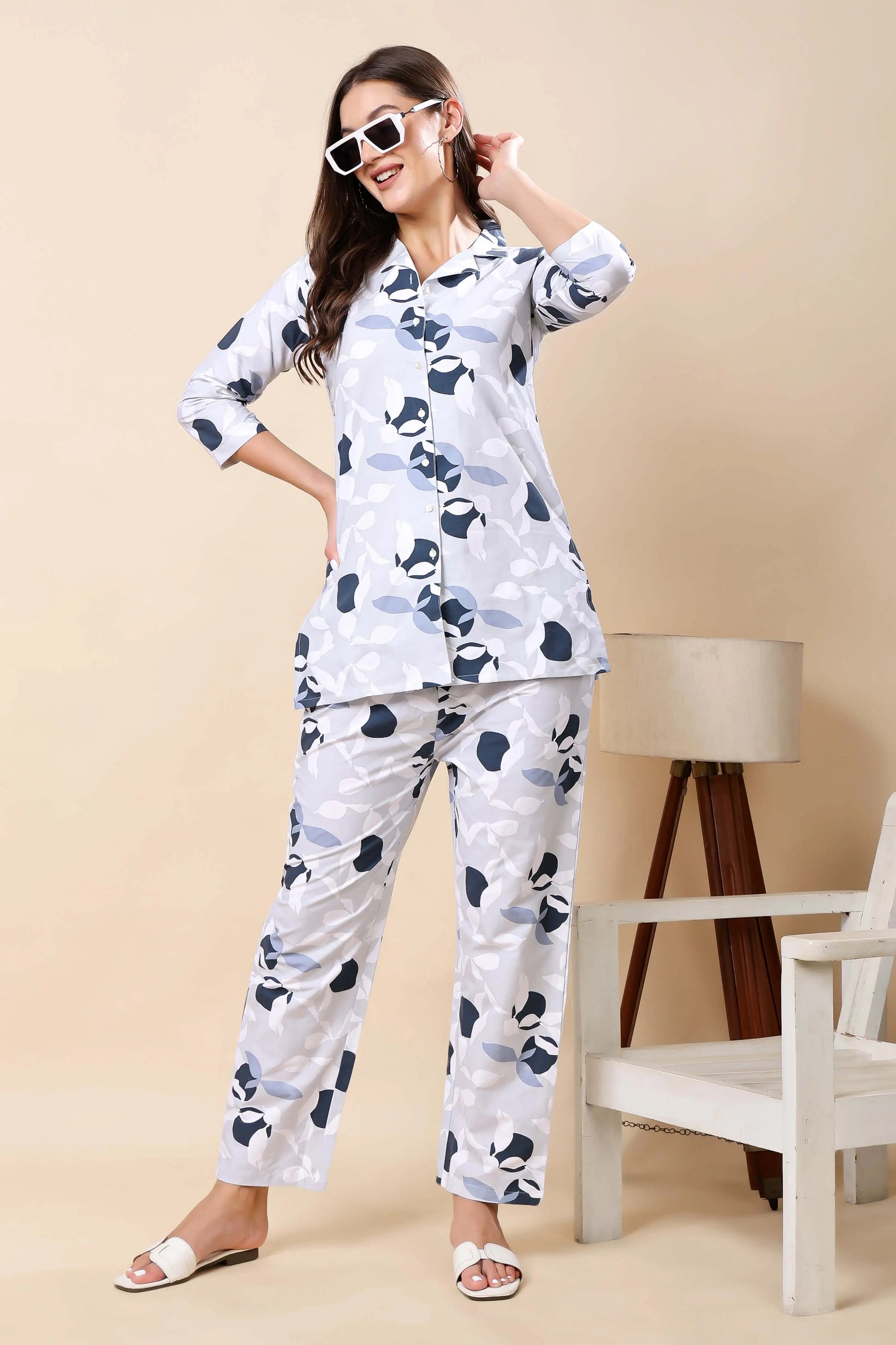 Flatlay of Rabric premium grey floral cotton nightwear co-ord set