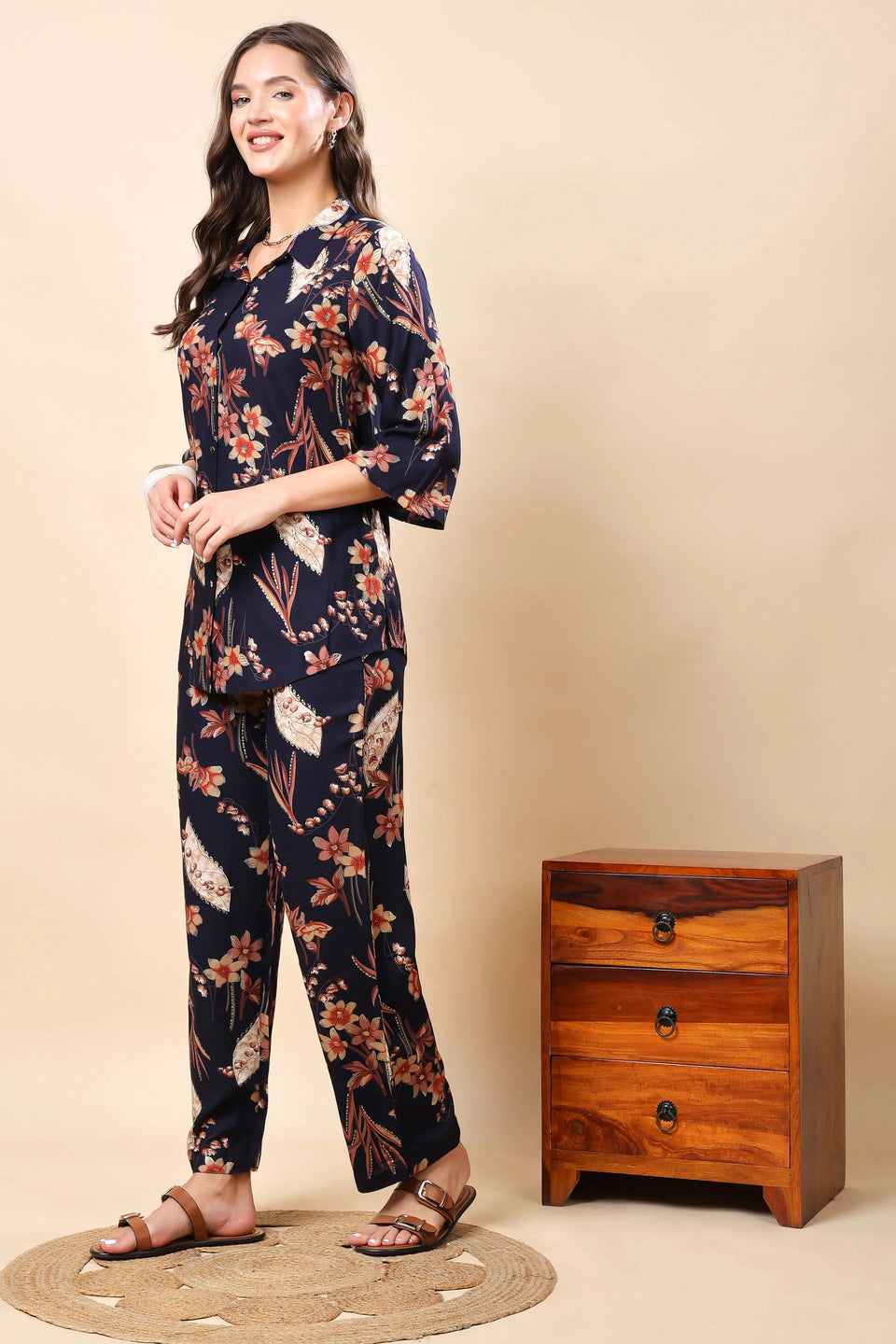 Trendy loungewear co-ord set in navy blue floral print