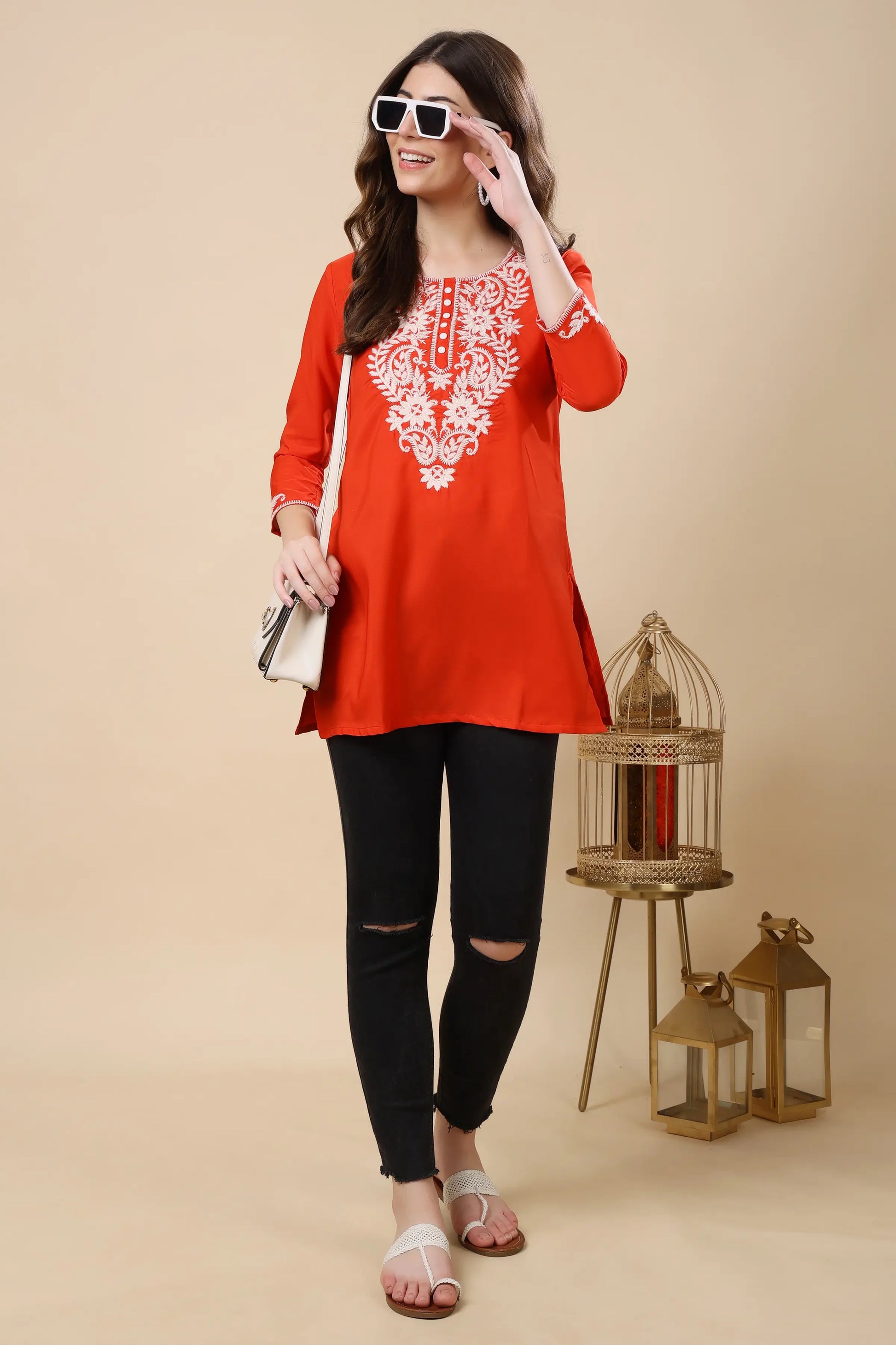 Women’s red embroidered short kurti perfect for college and workwear