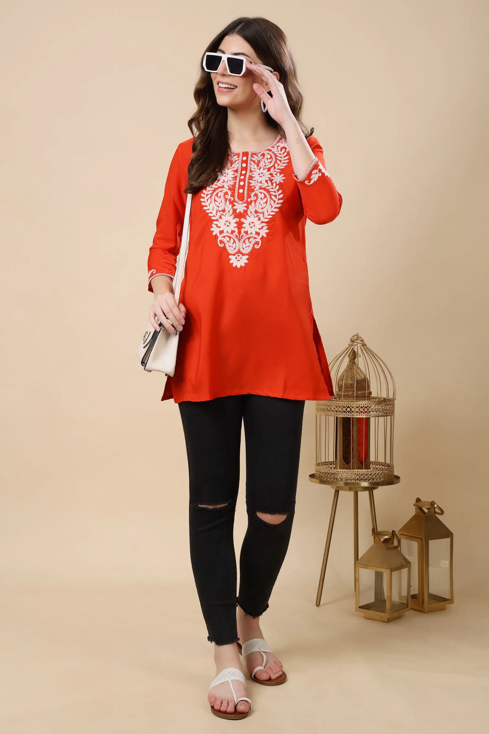 Women’s red embroidered short kurti perfect for college and workwear