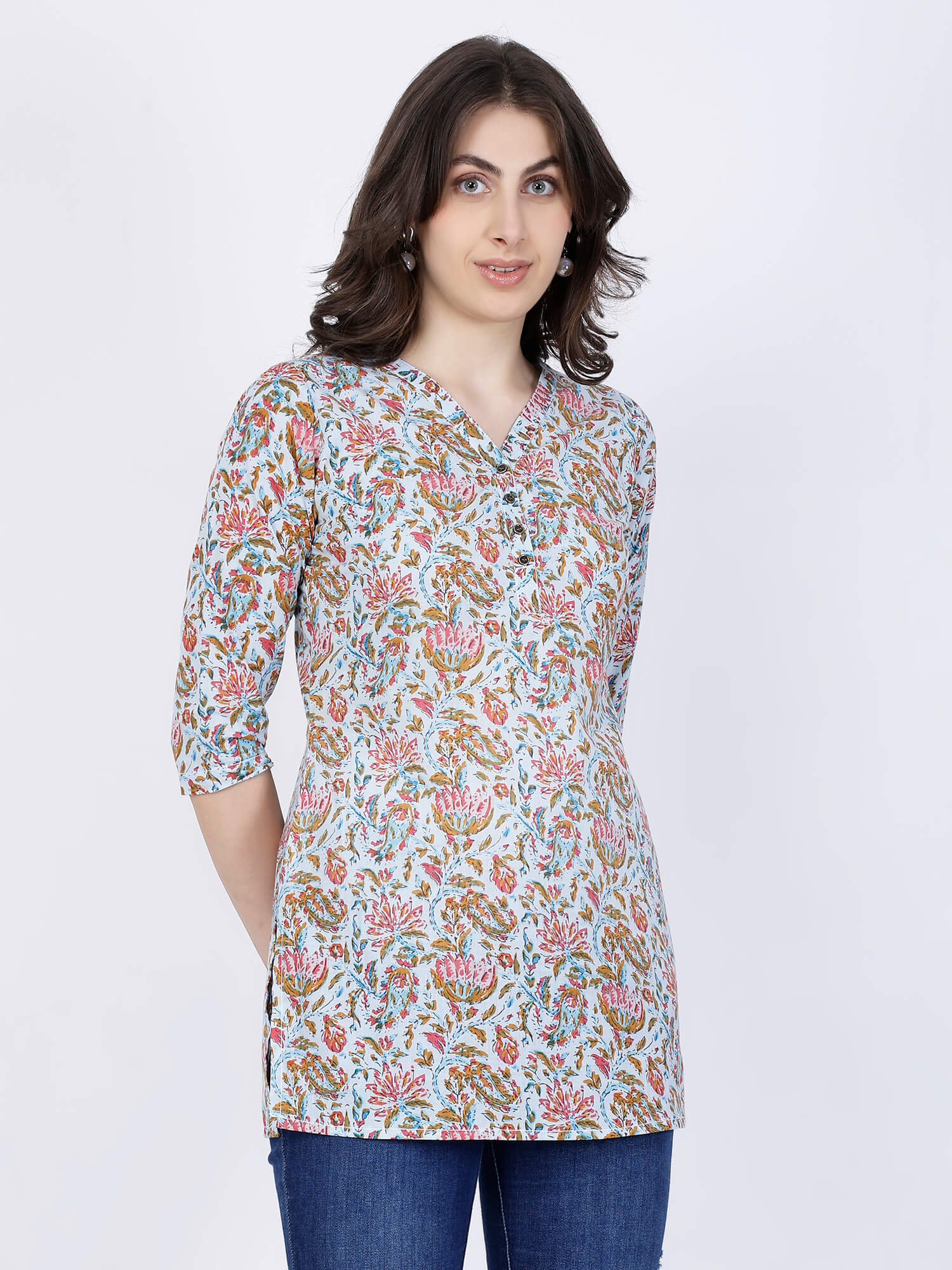 Office Wear Floral Cotton Short Kurti by Rabric