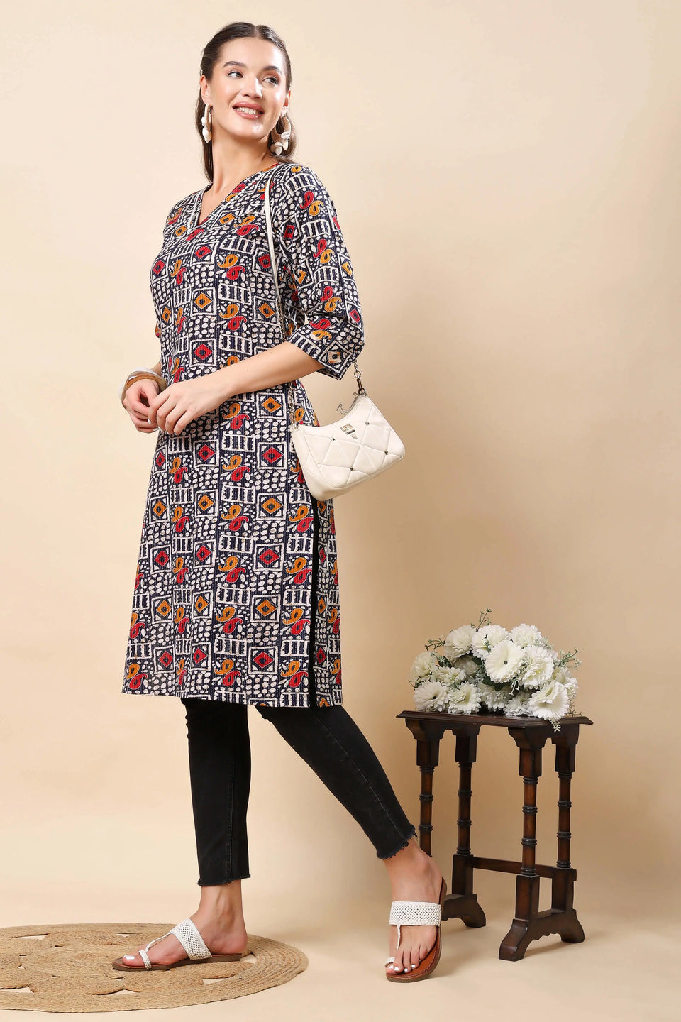 Summer-friendly cotton kurti in multicolor block print by Rabric