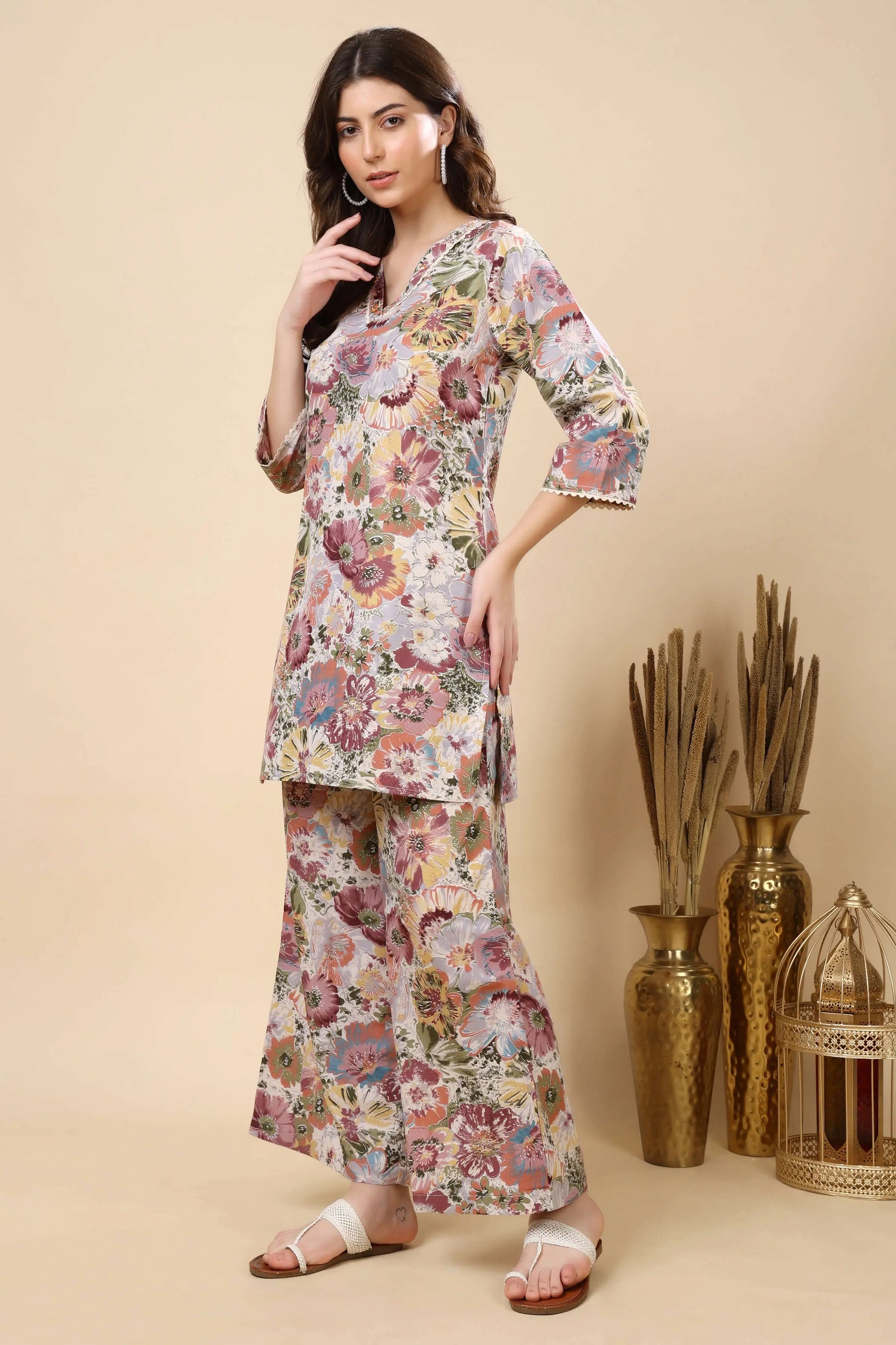 Side view of floral printed cotton slub co-ord set by Rabric