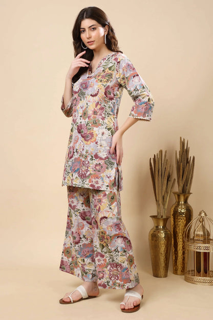 Side view of floral printed cotton slub co-ord set by Rabric