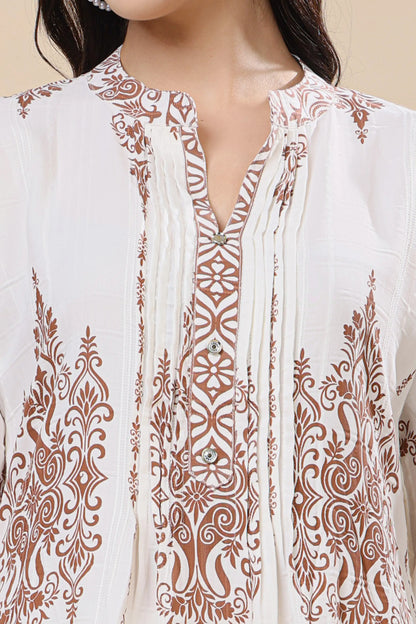 Rabric Premium Mul Cotton Floral Co-ord Set for Women – White & Brown Printed Long Kurti with Straight Pants | Breathable Summer Ethnic Co-ord Set