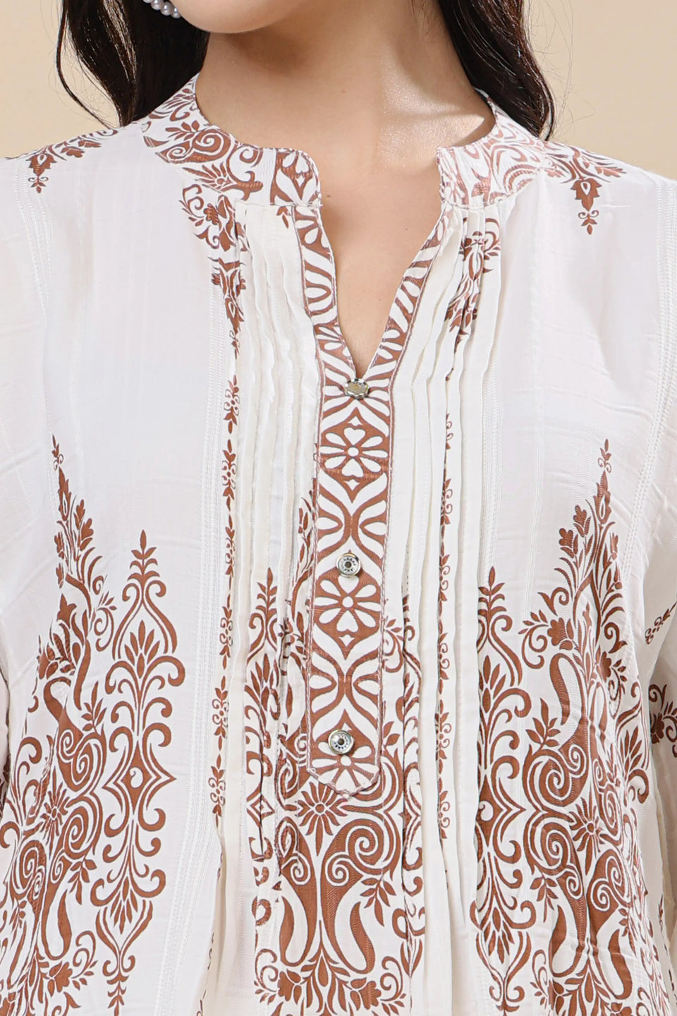 Rabric Premium Mul Cotton Floral Co-ord Set for Women – White & Brown Printed Long Kurti with Straight Pants | Breathable Summer Ethnic Co-ord Set