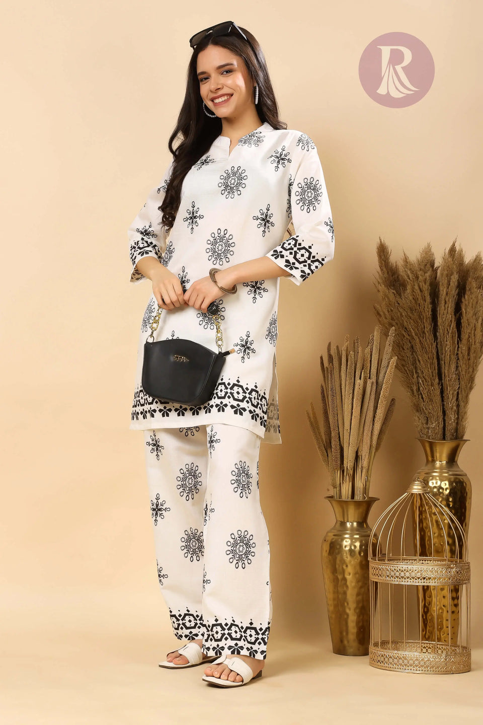 Comfortable daily wear co-ord set for women in printed Vertican Silk