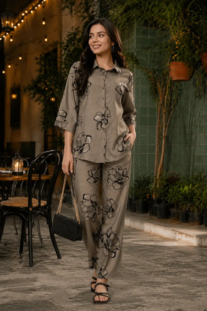 Rabric taupe grey Vertican Silk floral print women co-ord set lifestyle look for casual cafe outing