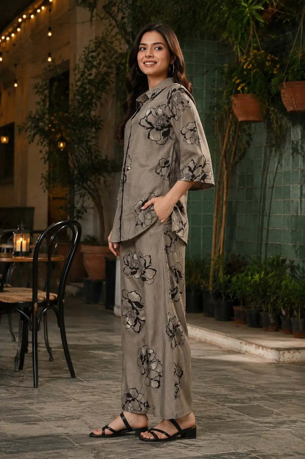 Rabric taupe grey Vertican Silk floral print co-ord set side view with 3/4 sleeves and relaxed fit pant