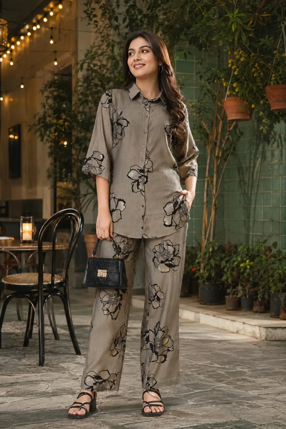 Rabric taupe grey Vertican Silk floral print co-ord set for women front view with 3/4 sleeve short shirt and wide leg pant