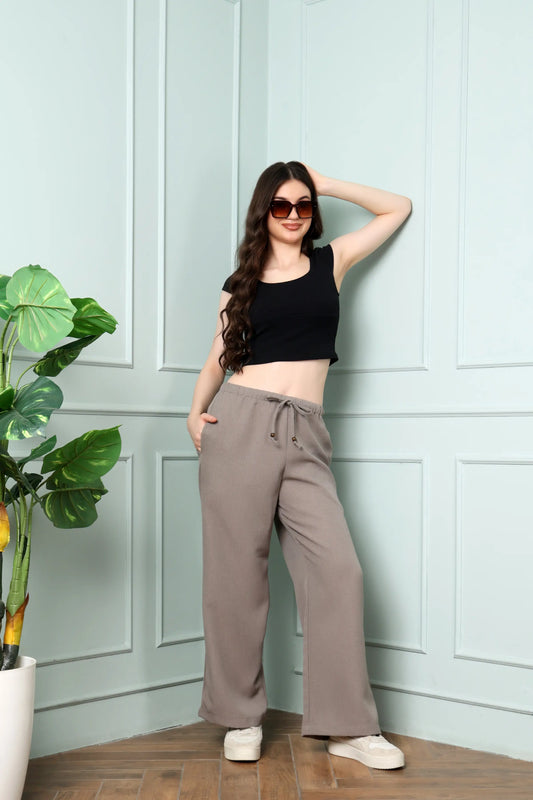 RABRIC taupe linen wide leg trousers for women styled for casual everyday wear