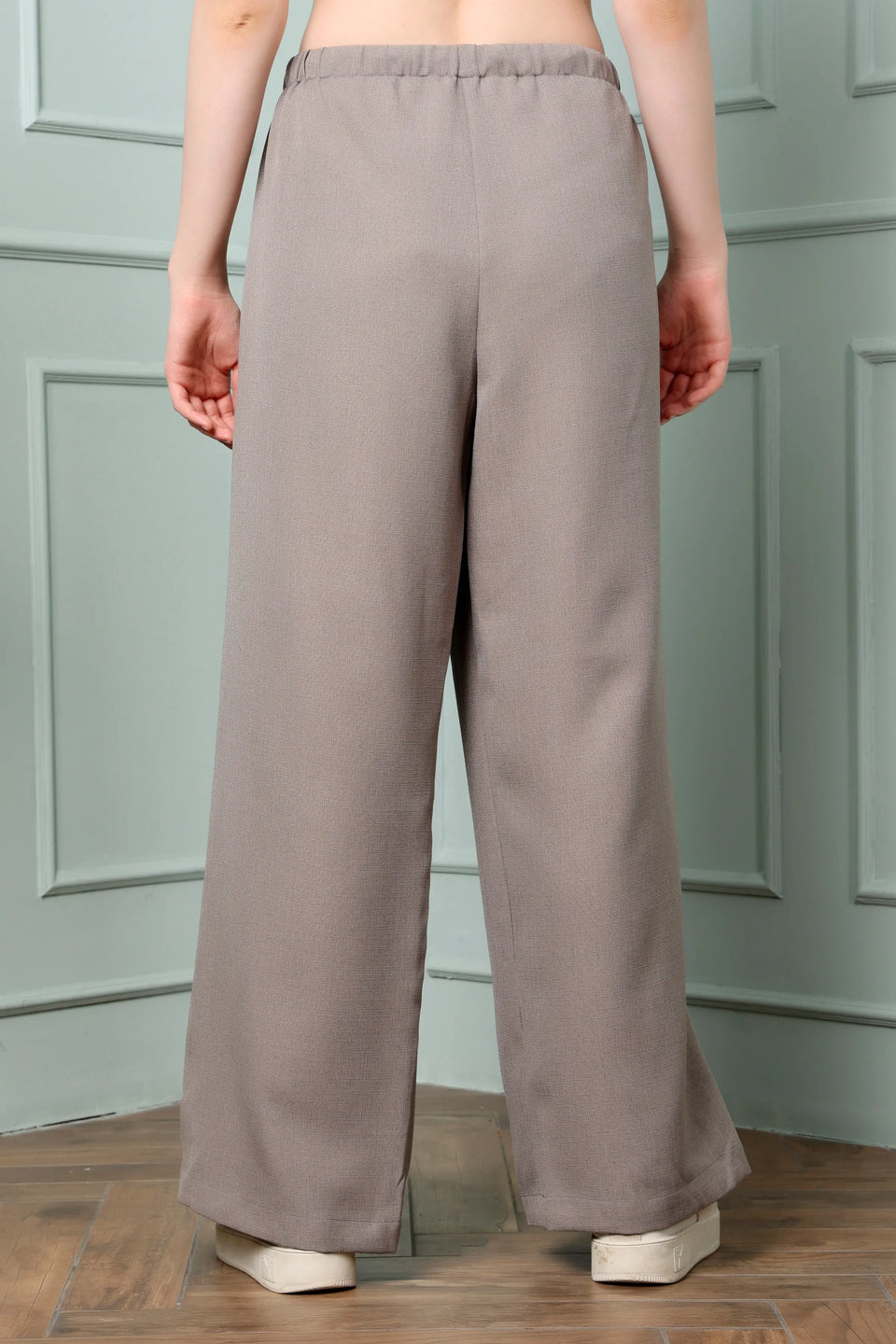 RABRIC taupe linen wide leg trousers for women back view showing relaxed full length fit