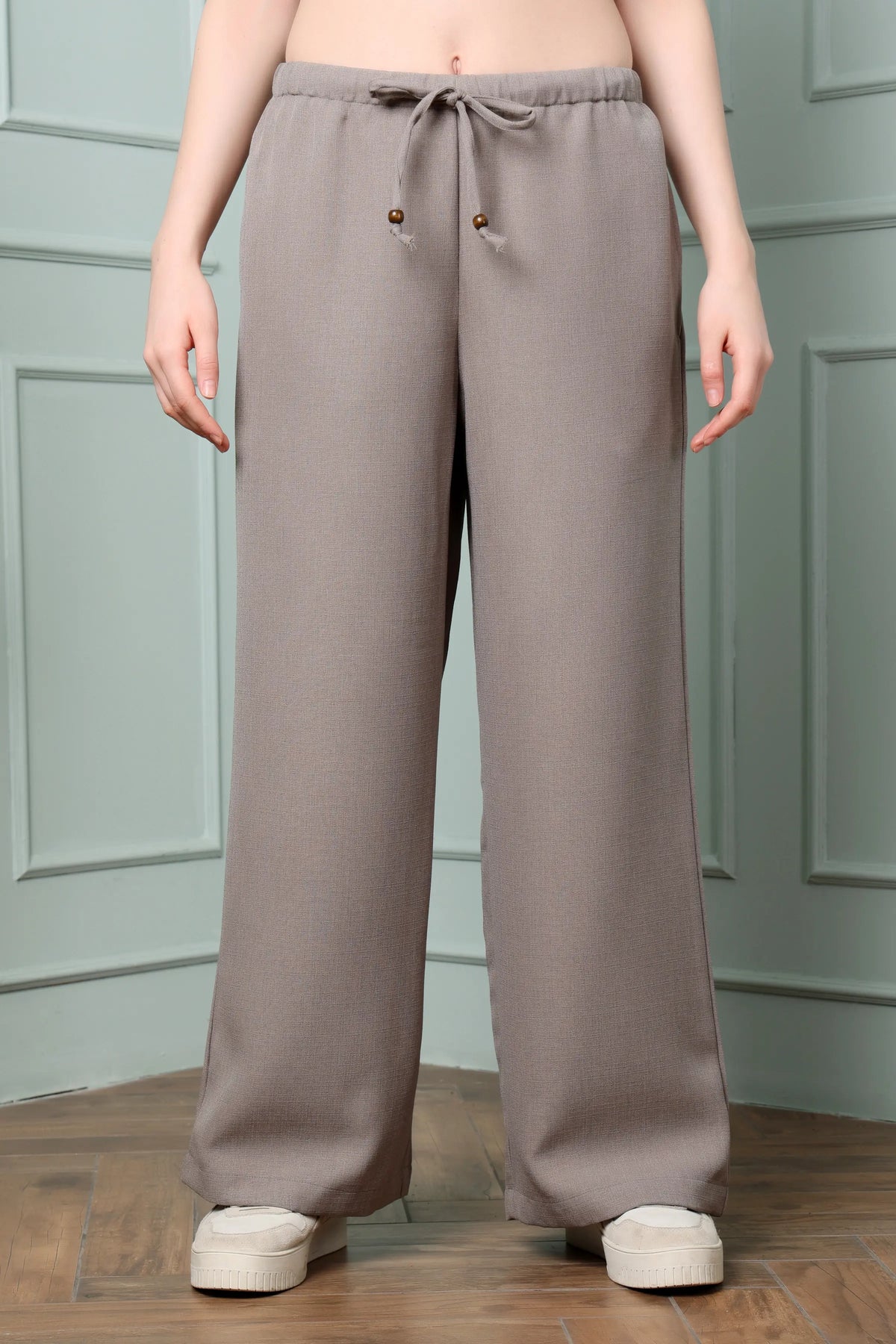 RABRIC taupe linen wide leg trousers for women front view with elastic waist and drawstring