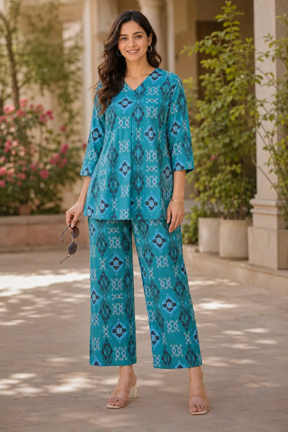 Rabric teal blue cotton co-ord set for women with ikat geometric floral print, V-neck 3/4 sleeve top and matching wide leg pants front view