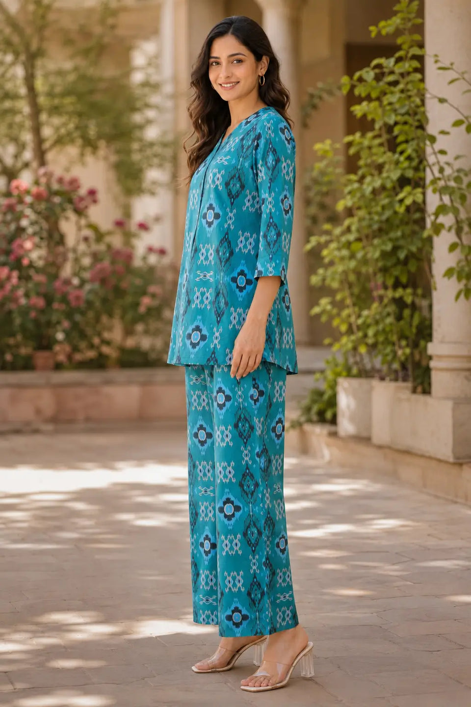Side view of Rabric teal blue cotton printed co-ord set for women with 3/4 sleeves, relaxed fit top and straight wide leg pants