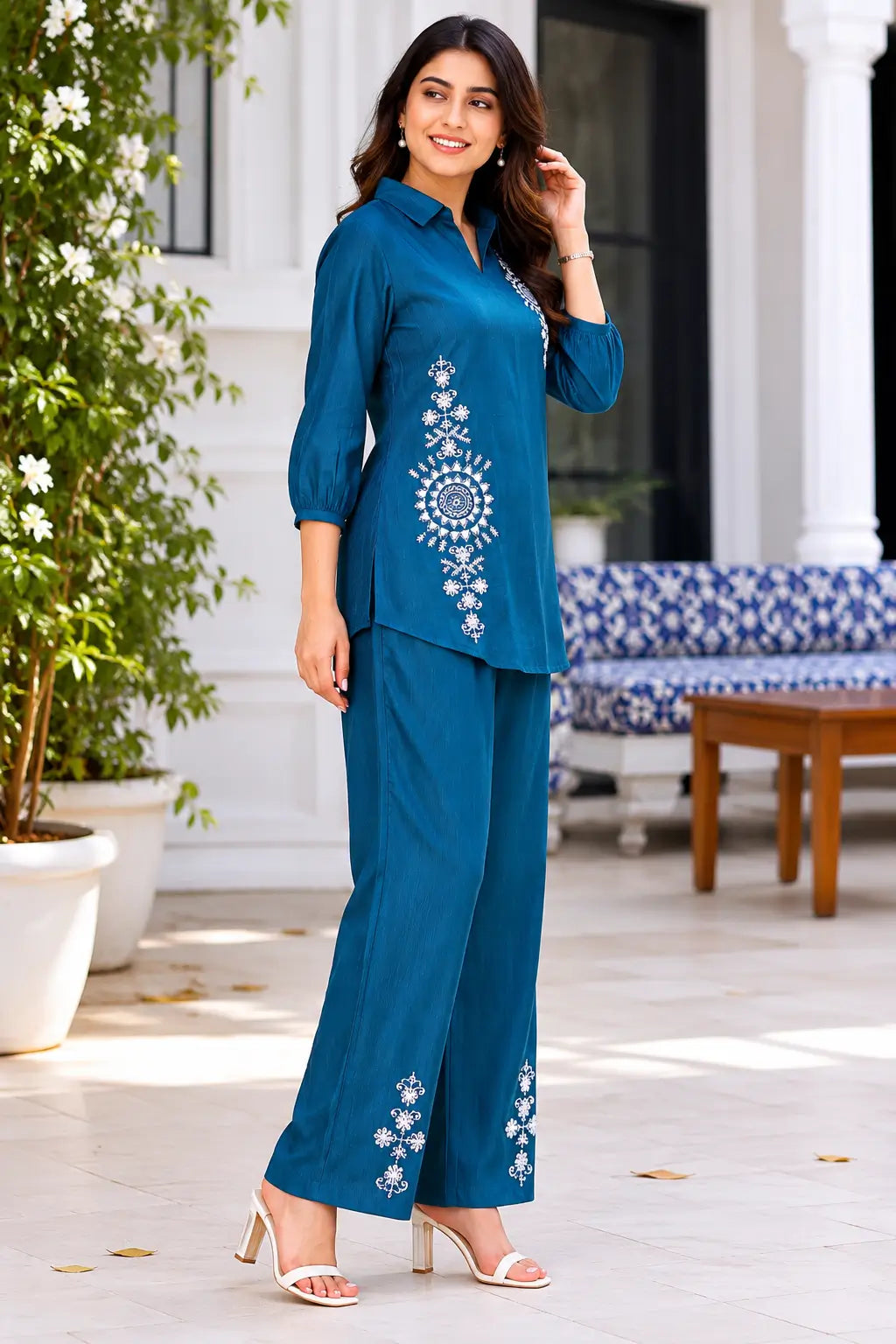 Side angle of Rabric teal blue Vertican silk embroidered co-ord set showcasing elegant silhouette, floral embroidery detailing and comfortable straight pants.