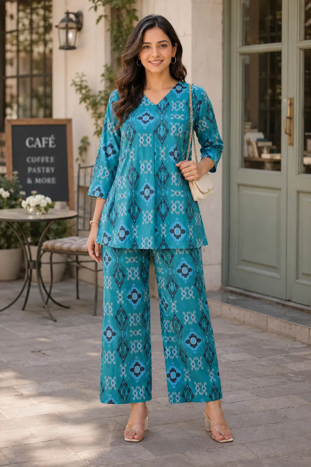 Rabric teal cotton ikat print women’s co-ord set outdoor lifestyle look with V-neck top and matching wide leg pants