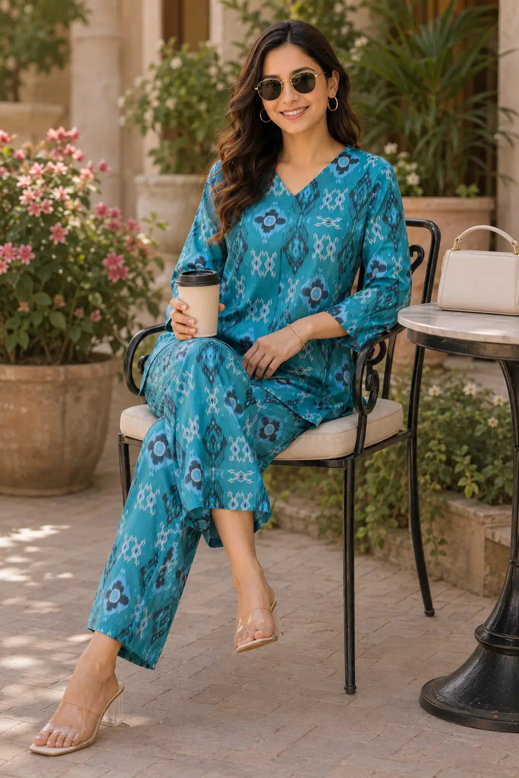 Rabric teal cotton printed co-ord set for women in casual sitting pose with ikat motifs, V-neck top and relaxed wide leg pants