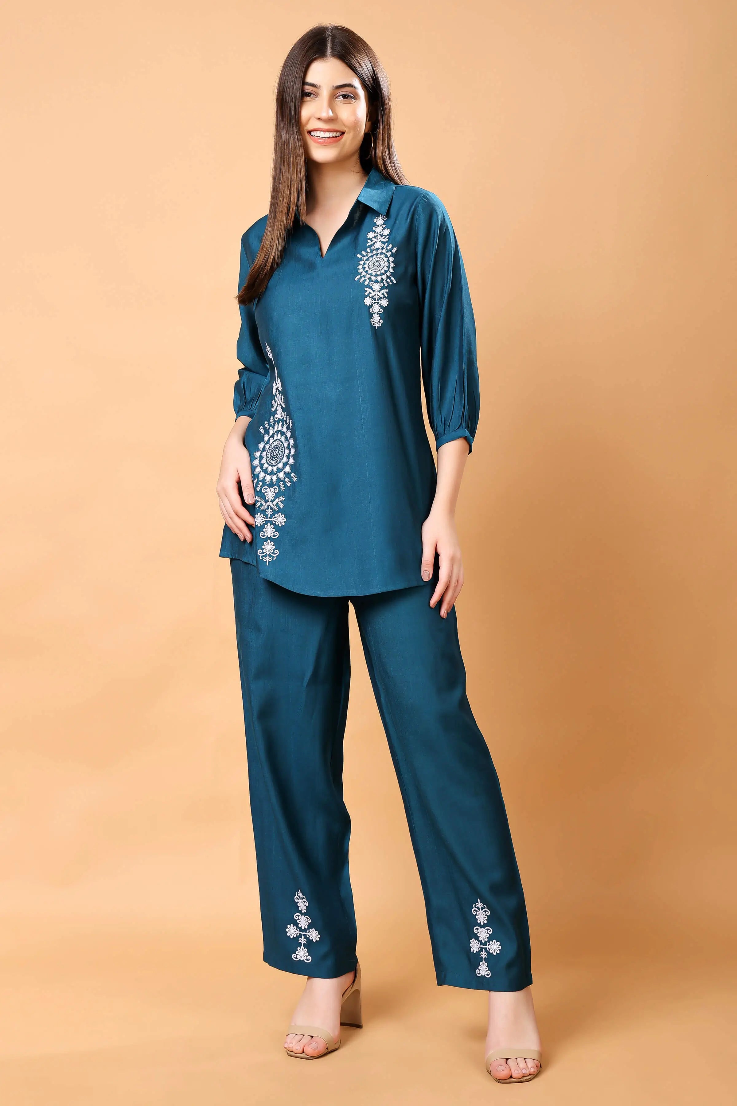 Rabric Teal Blue Embroidered Vertican Co-ord Set for Women