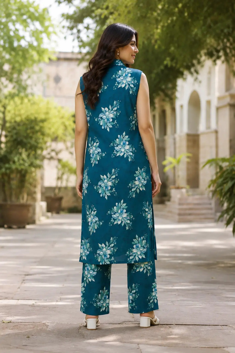Back view of teal floral sleeveless co-ord set for women