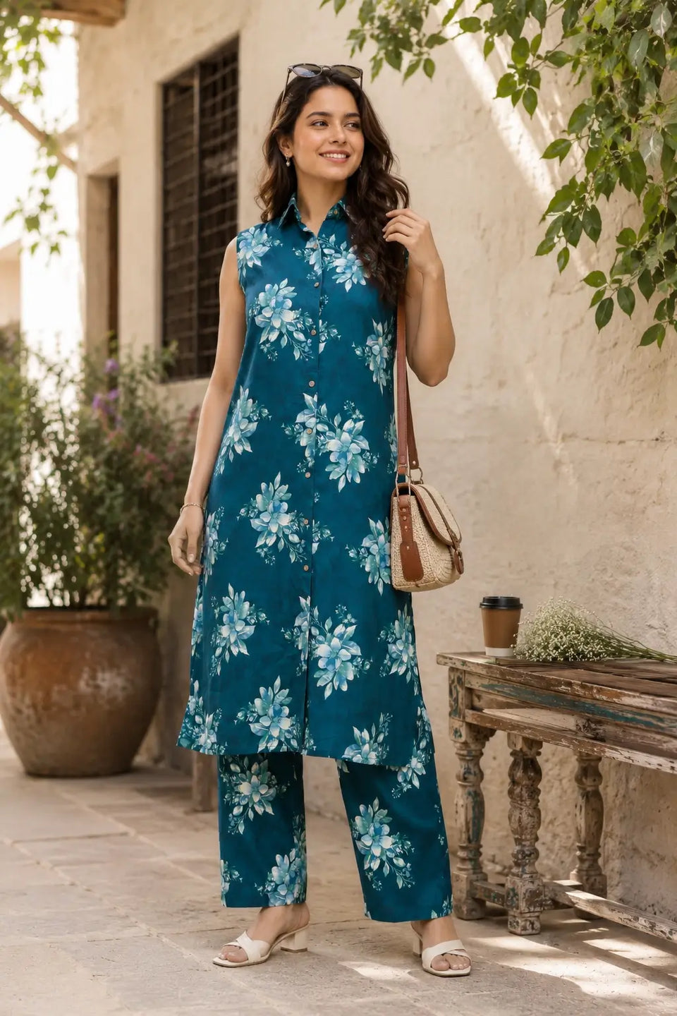 Women’s teal floral sleeveless rayon co-ord set front view