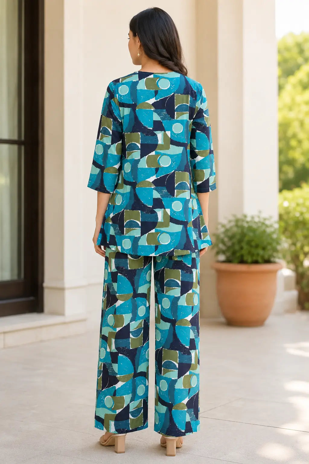 Rabric teal navy olive cotton co ord set for women with abstract geometric print, relaxed tunic and matching pants back view