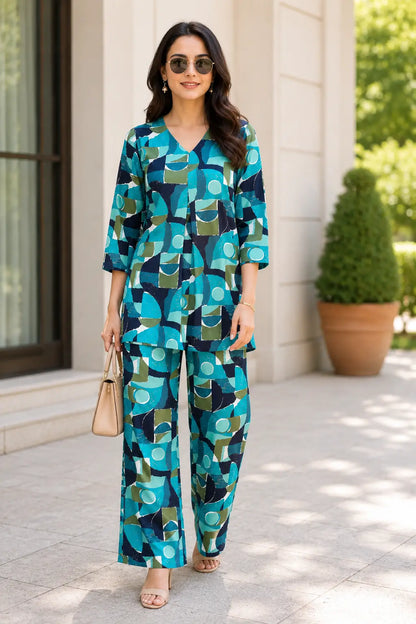 Rabric teal navy olive cotton co ord set for women with abstract geometric print, V neck tunic and wide leg pants front view