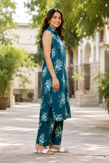 Side view of stylish teal floral wide leg co-ord set