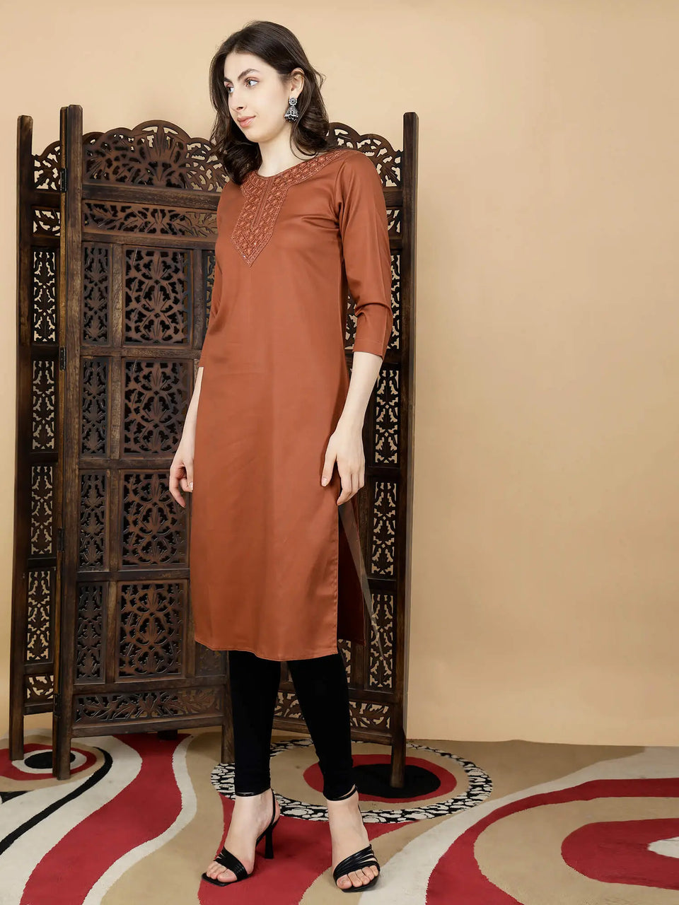 Side View of Rust Brown Long Kurti with Embroidered Neckline