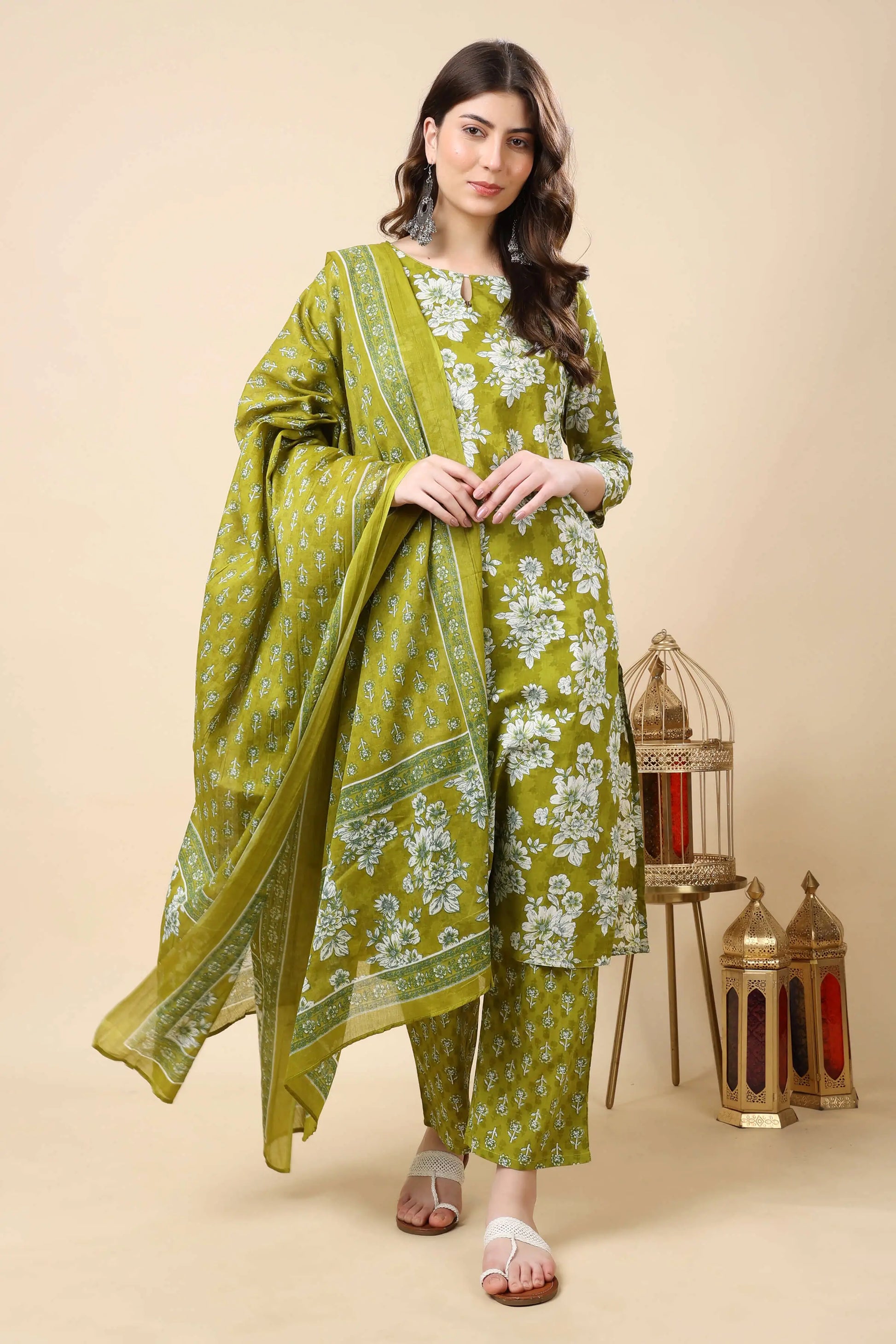 Full View of Rabric Olive Green Floral Cotton Kurti, Pant, and Dupatta Set