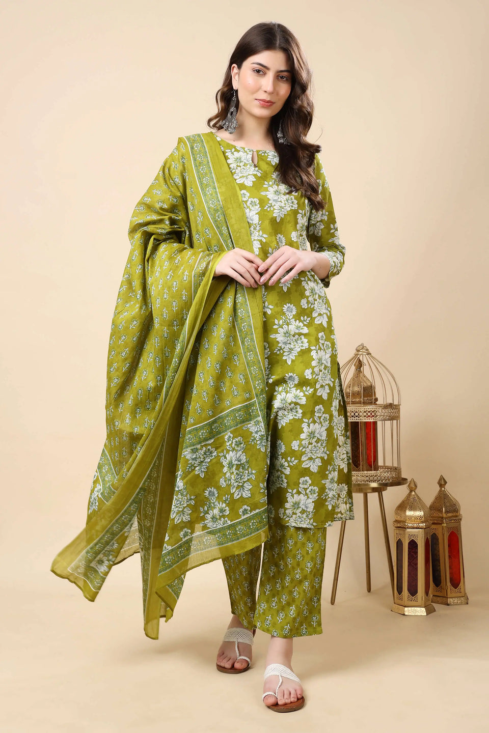 Full View of Rabric Olive Green Floral Cotton Kurti, Pant, and Dupatta Set