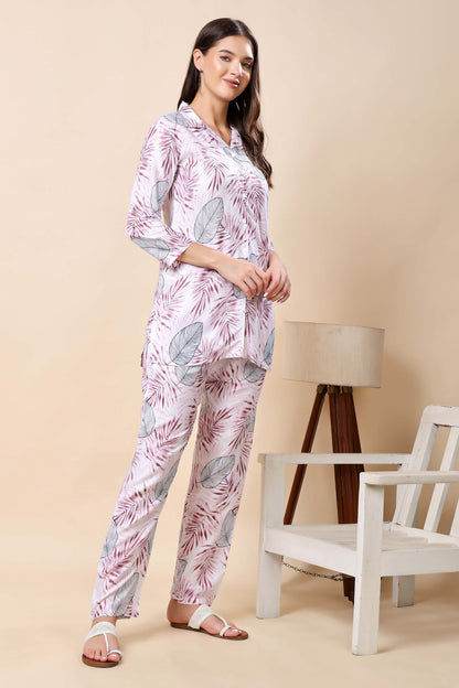 Full View of Rabric Pink Leaf Printed Travel Wear Co-ord Set