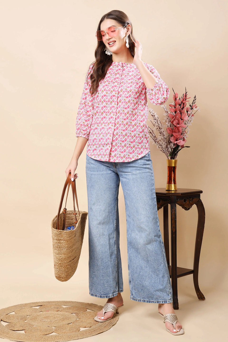 Geometric print casual short top for office wear