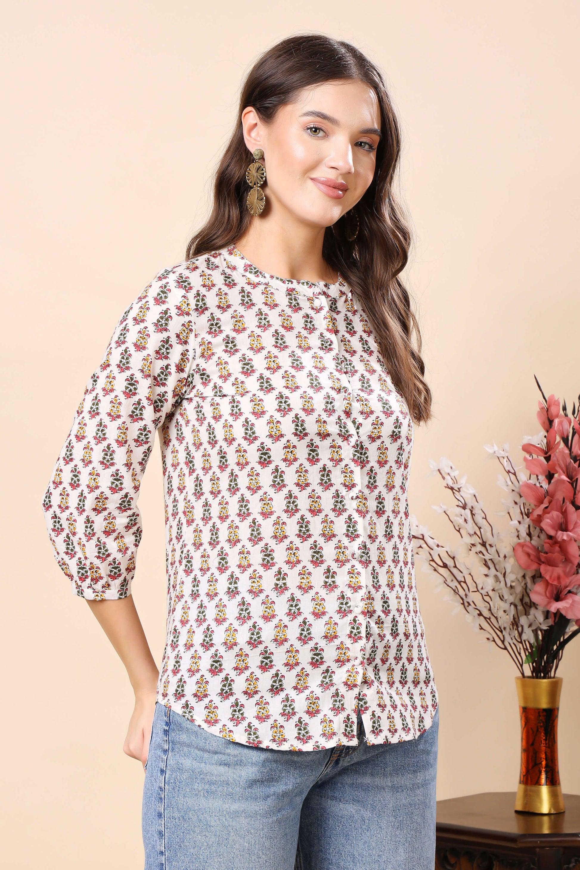 Rabric Office Wear Shirt Style Cotton Top for Women